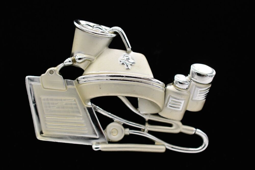 AJC Vintage Nurse Doctor Pin Brooch Health Care Brushed Silver Signed 1980s Bin7